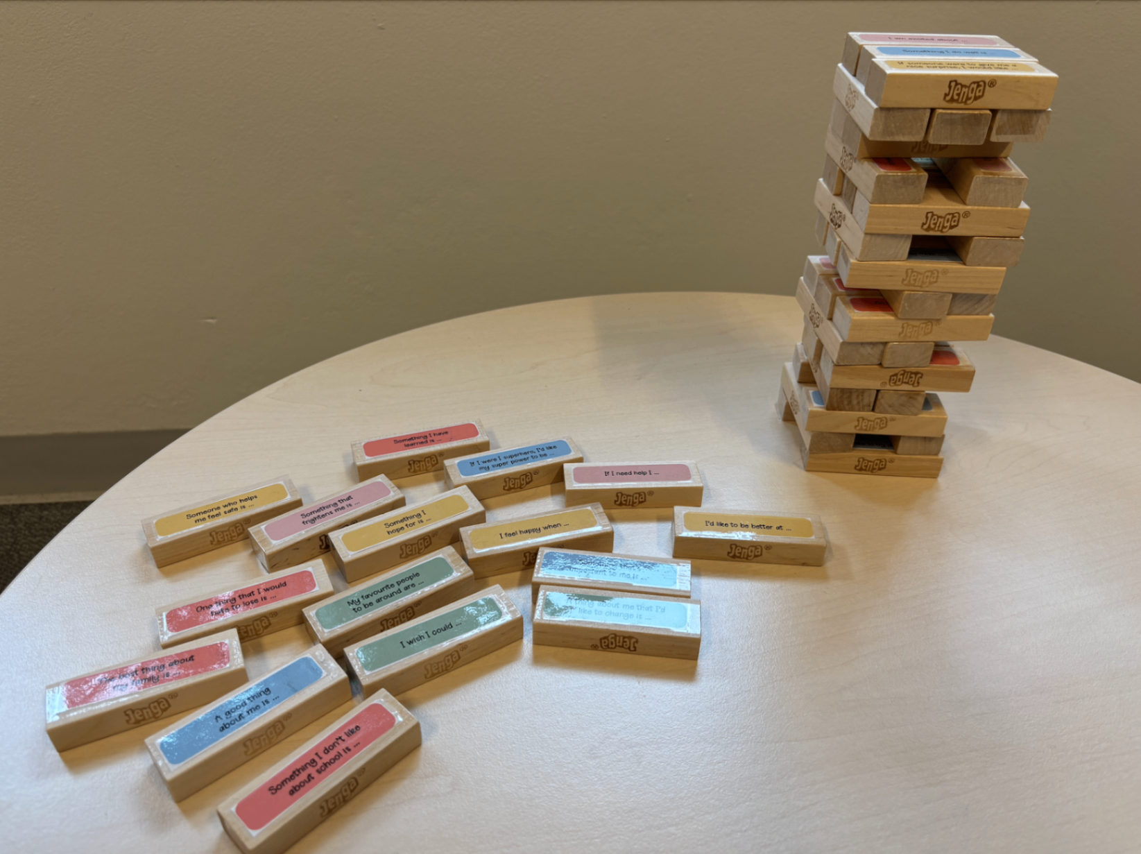 Reflective Jenga blocks used for counselling prompts